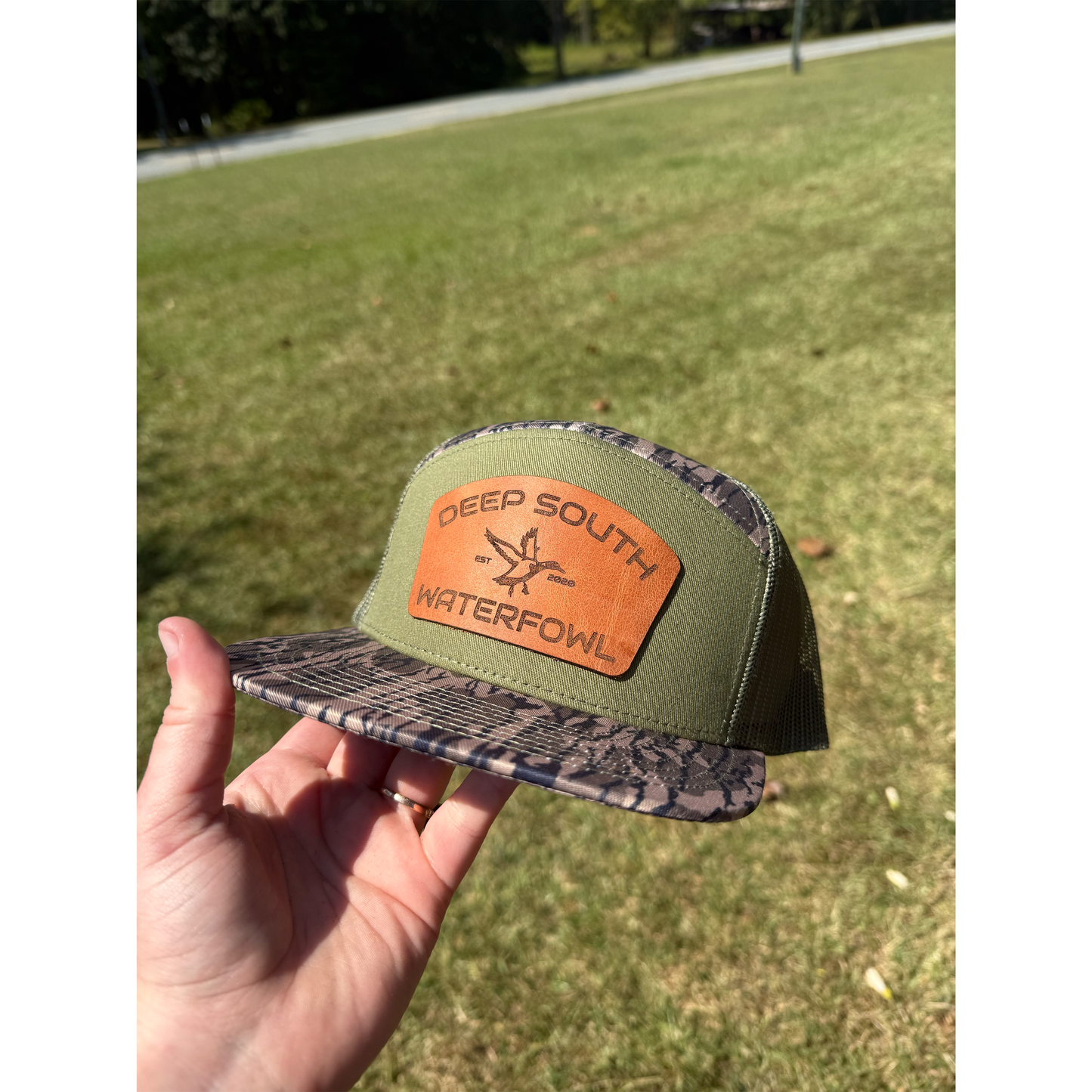 DSW Olive Green Bark Camo True Leather Patch Snapback