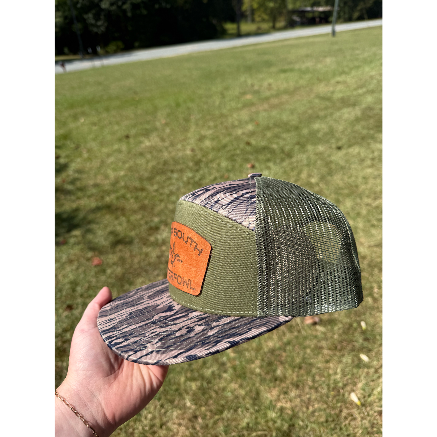 DSW Olive Green Bark Camo True Leather Patch Snapback