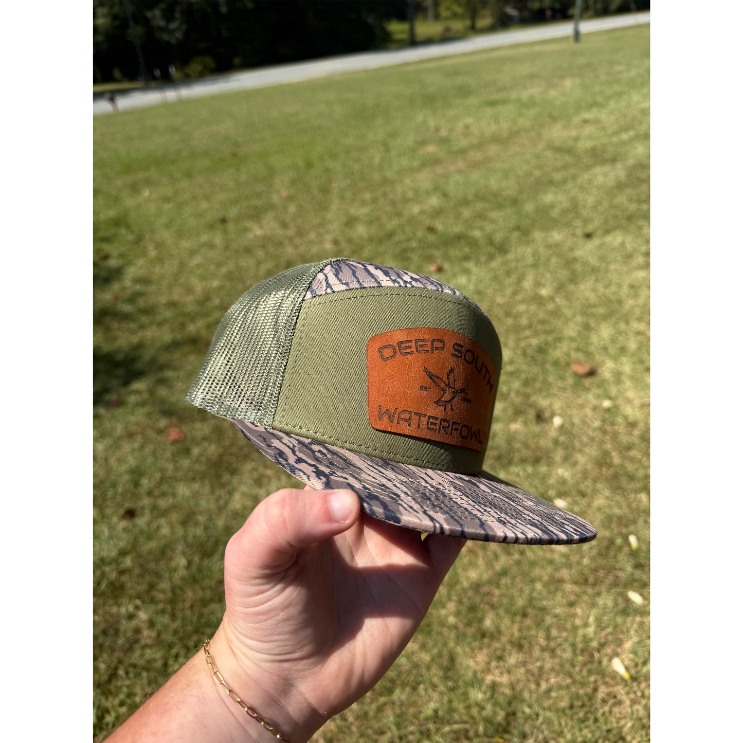 DSW Olive Green Bark Camo True Leather Patch Snapback