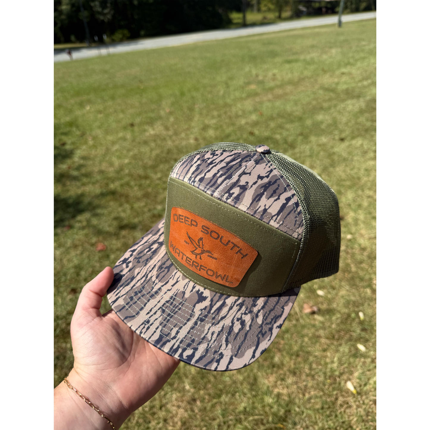 DSW Olive Green Bark Camo True Leather Patch Snapback
